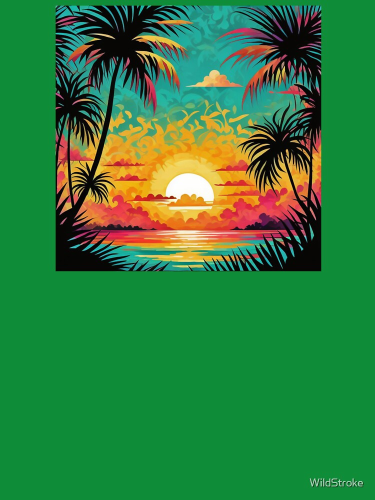 Palm Tree Ocean Sunset Illustration Art for Relaxed Beach Lovers by WildStroke