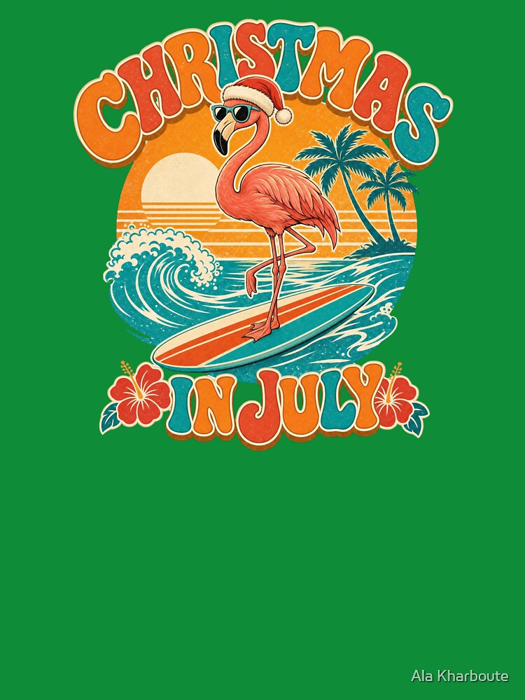 Retro Flamingo Christmas In July Graphic Tee by Unleashing Style