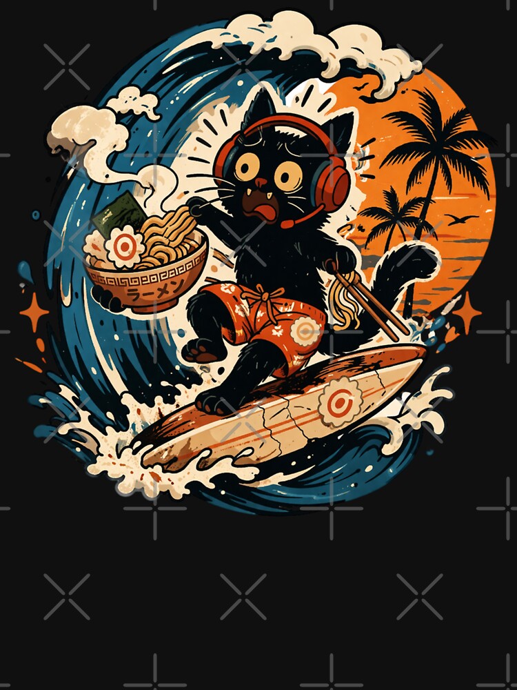 Cute Black Cat Surfing Ramen by ZenvyraLab