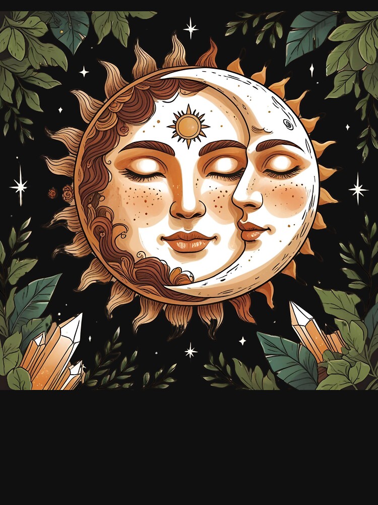 sun and moon Boho/Aesthetic Style, Earth tones, foliage, stars, crystals by catcurio