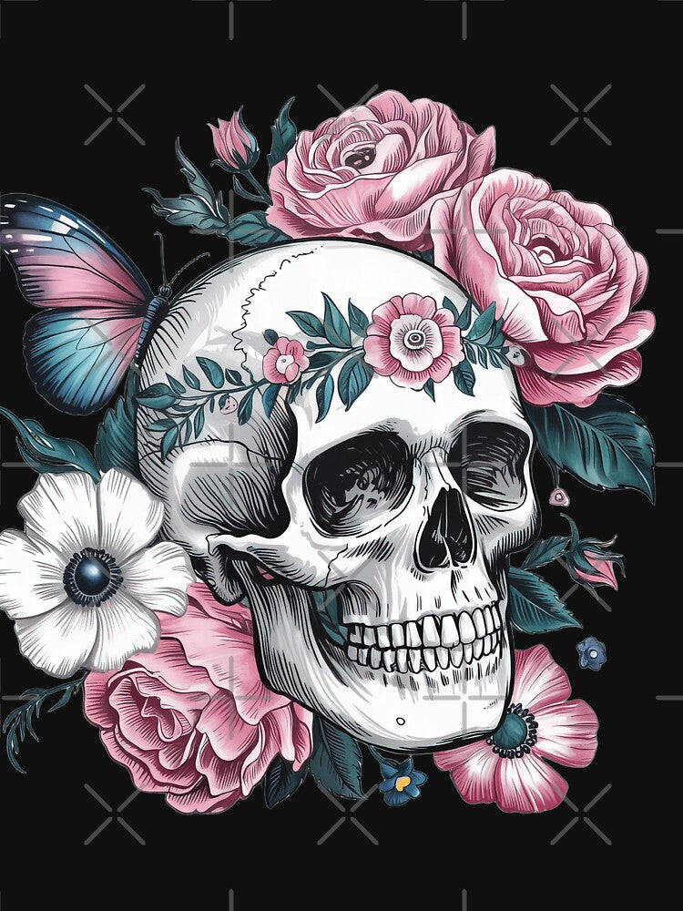 Floral Skull with Butterfly – Romantic Gothic Botanical Death Art by Emegan Print Art