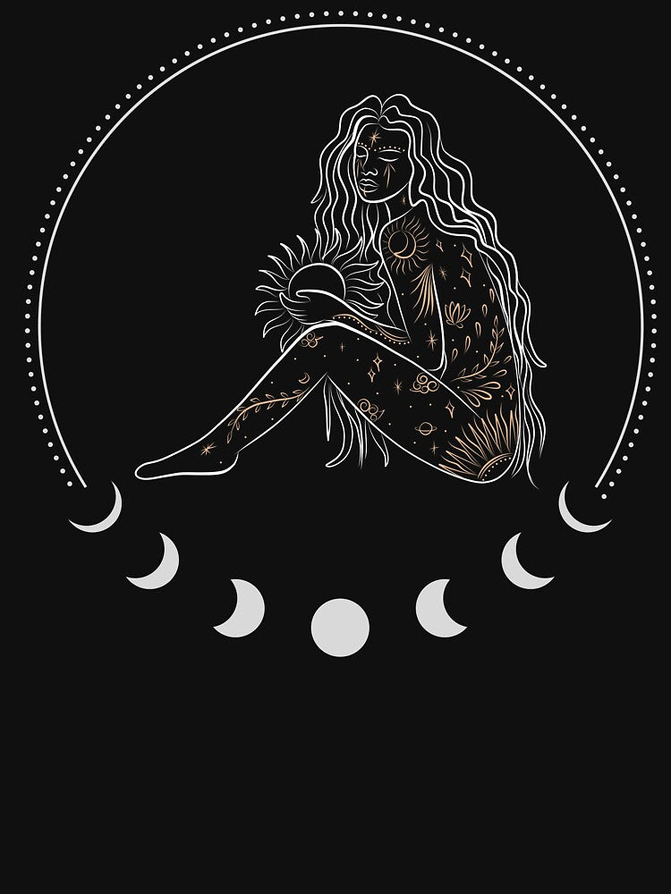 Celestial Woman Holding Sun in Moon Phases by Kate's Cozy Place