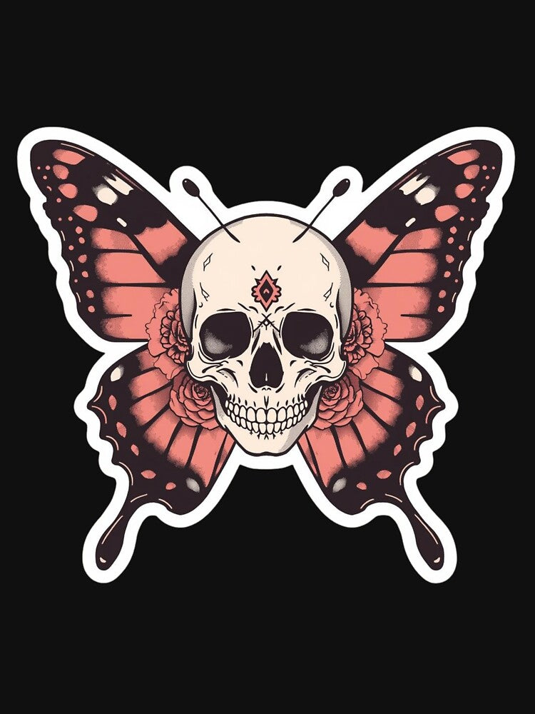 Pink Gothic Butterfly Skull Tattoo – Dark Floral Pastel Goth Memento Mori Design by LintonGriffin