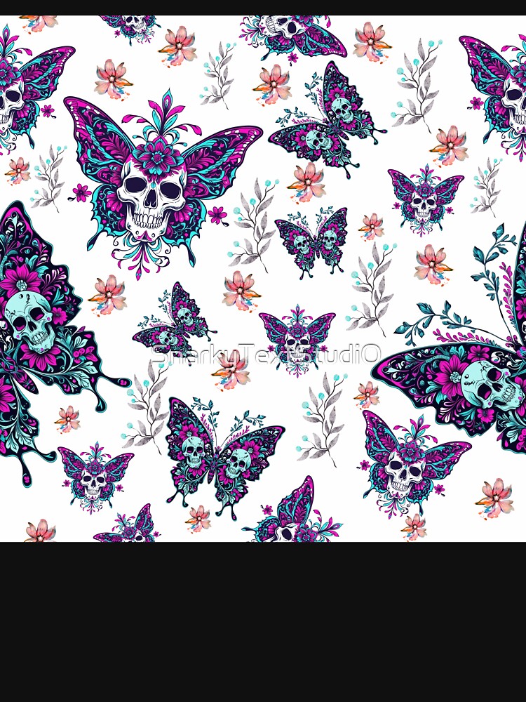 Skull Butterfly Floral Pattern – Gothic Sugar Skull Wings on Soft Boho Background by SnarkyTextStudiO