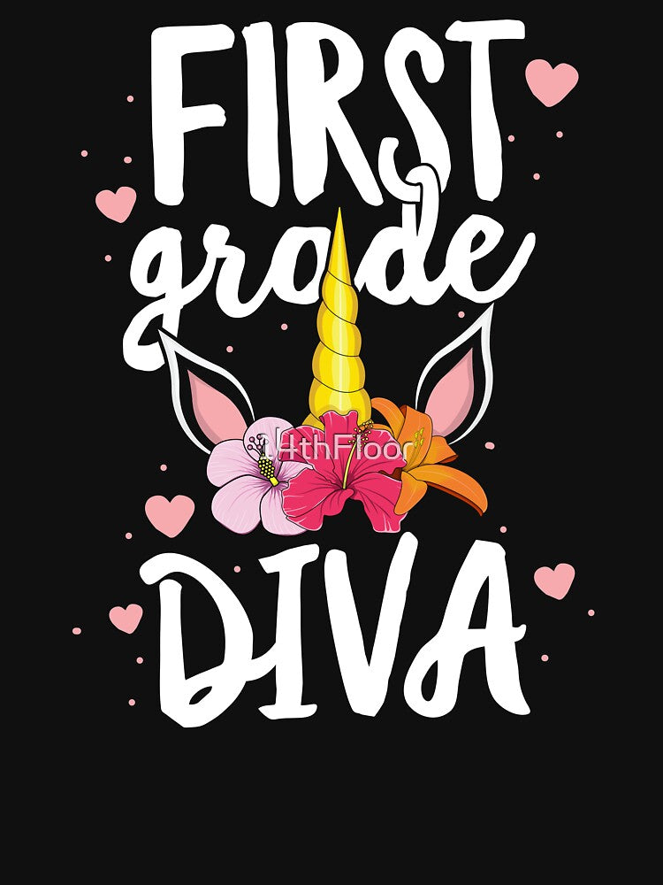 First Grade Diva T-Shirt Back to School Unicorn Flowers by 14thFloor