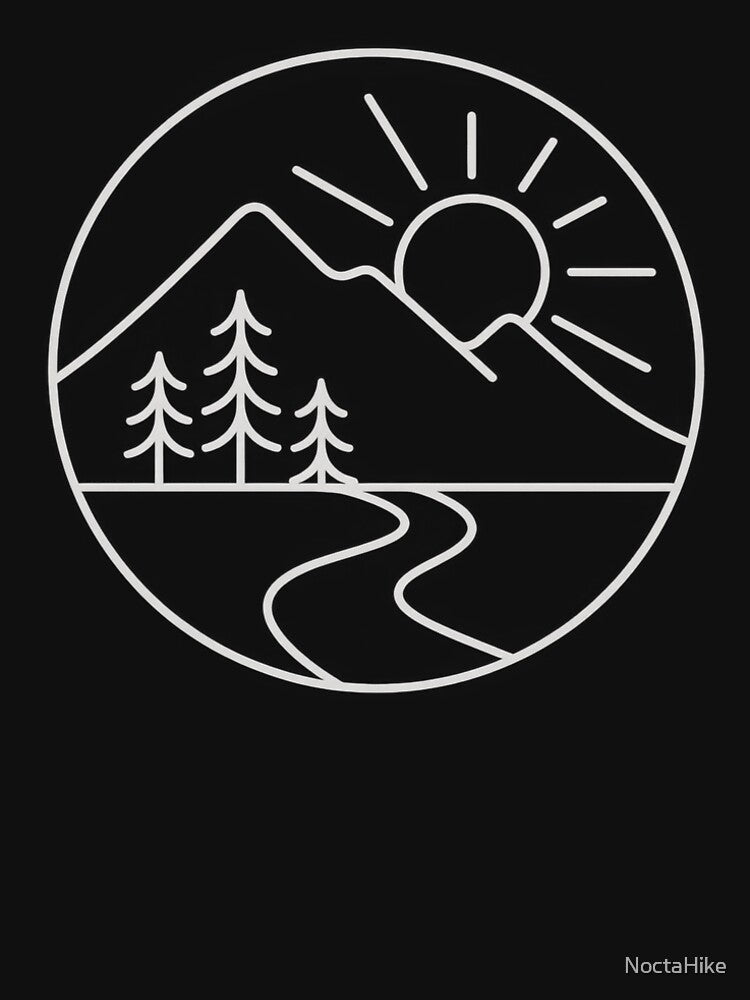 Wilderness Trail with Pine Trees and Sun – Minimal Hiking Art by NoctaHike