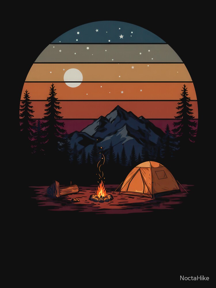 Retro Night Campfire Scene in Mountains – Vintage Hiking Nature Shirt by NoctaHike