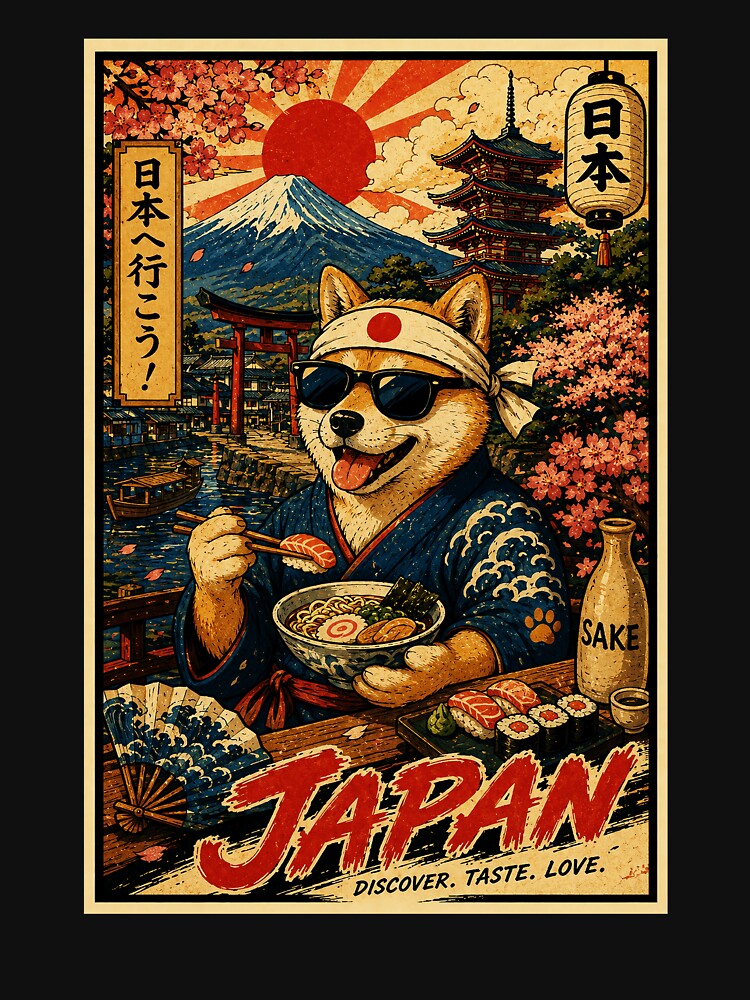 Retro Japan Travel Poster With Cool Shiba Ramen Night by eliramaison