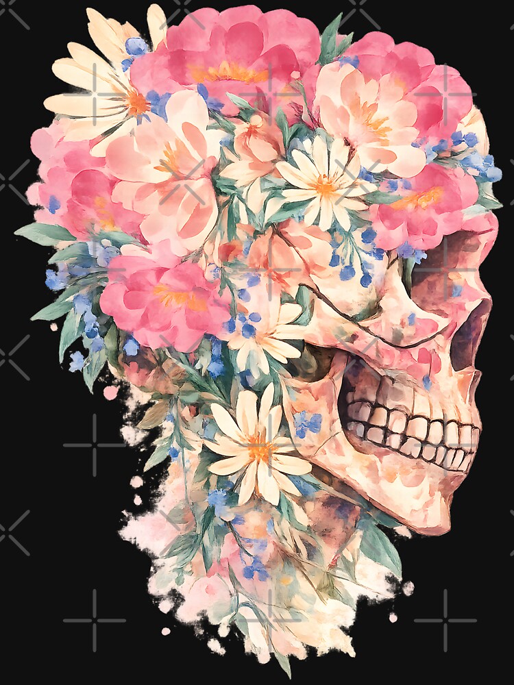 Watercolor Floral Skull Pink Peony Flowers Pastel Goth Boho Art by DrawHandArt