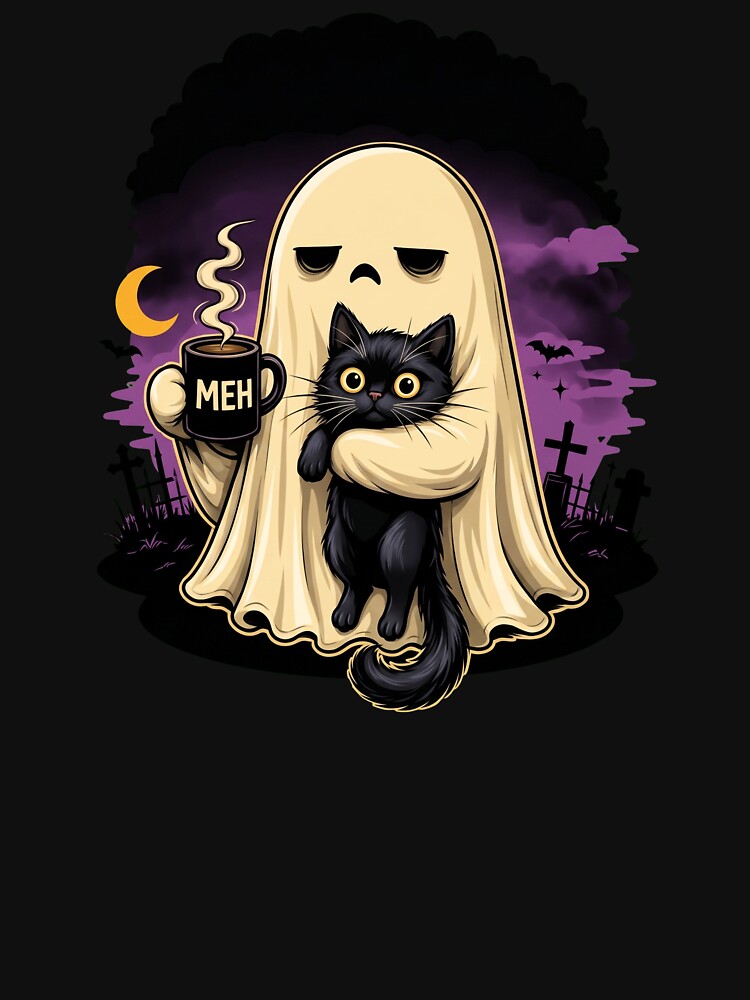 Funny Meh Ghost Holding Black Cat and Coffee Introvert Halloween by Vermanartist
