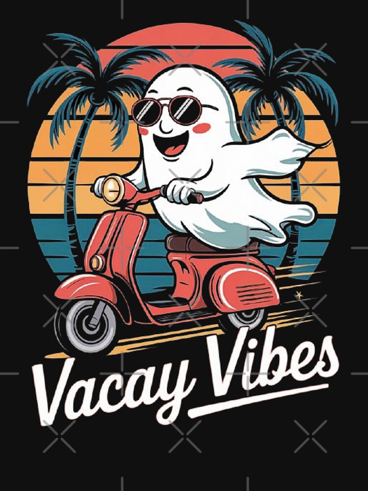 Funny Retro Ghost on Scooter Sunset Palm Beach Art – Vacay Vibes Summer Aesthetic by love3617
