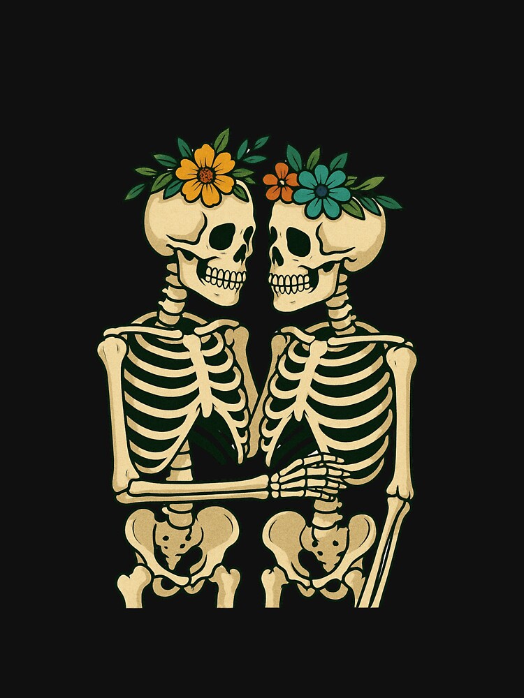Skeleton Couple Sharing a Flower Crown – Whimsical Gothic Romance Art by ColorSplash123