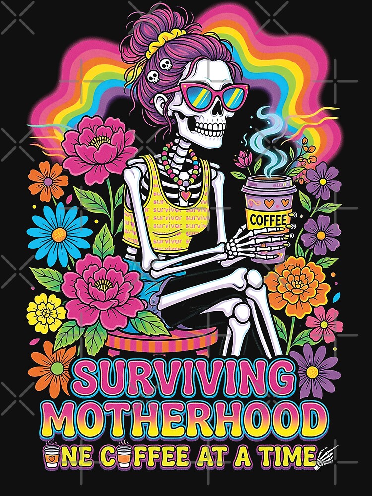 Surviving Motherhood One Coffee at a Time Funny Mom Coffee Skeleton Retro Floral Design by thepixfactory
