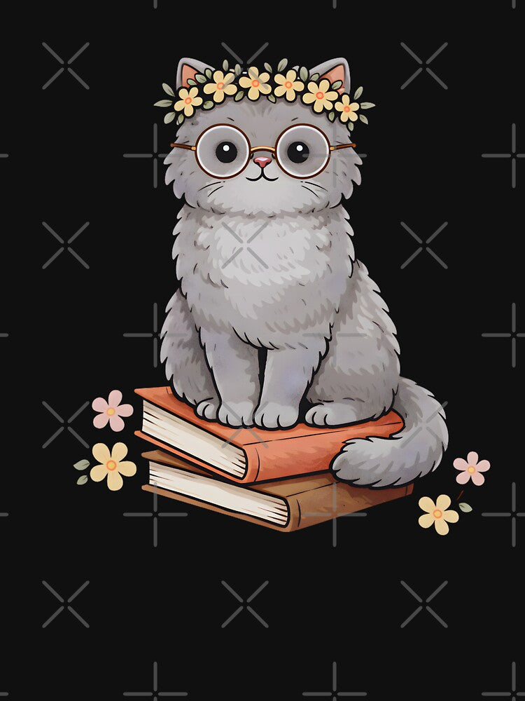 Book Lover Cat, Cute Reading Cat With Glasses Gift, Floral Bookish Kitty Illustration, Cozy Reader Aesthetic Graphic Tee by saloui