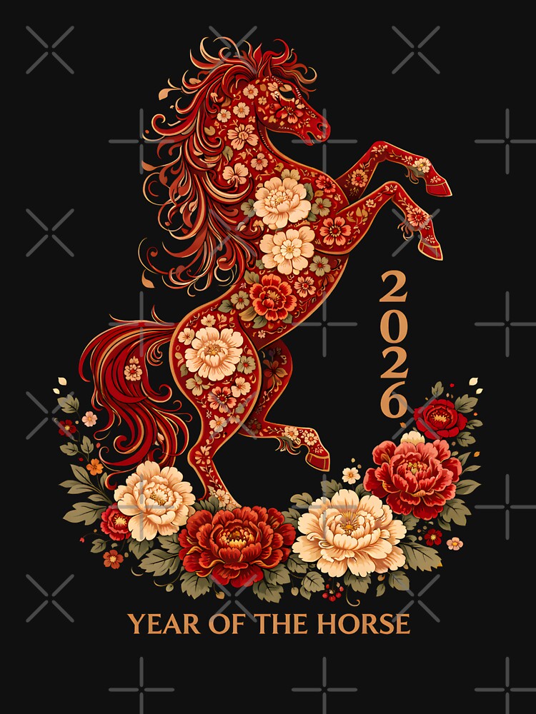Year of the Horse 2026, Chinese New Year Zodiac Gift, Floral Horse Graphic Tee by saloui