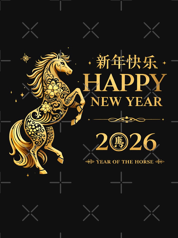 Happy New Year 2026 Year of the Horse, Chinese Lunar New Year Zodiac Gift, Golden Horse Asian Celebration Graphic Tee by saloui