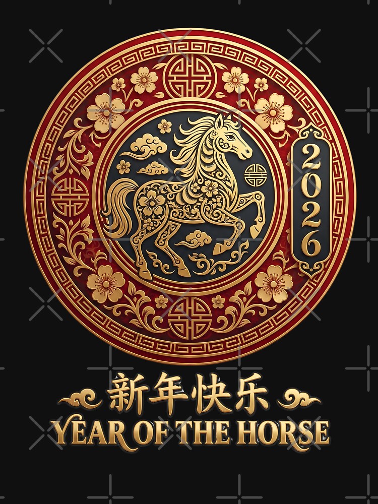 Year of the Horse 2026, Chinese Zodiac New Year Gift, Red Gold Asian Art Graphic Tee by saloui