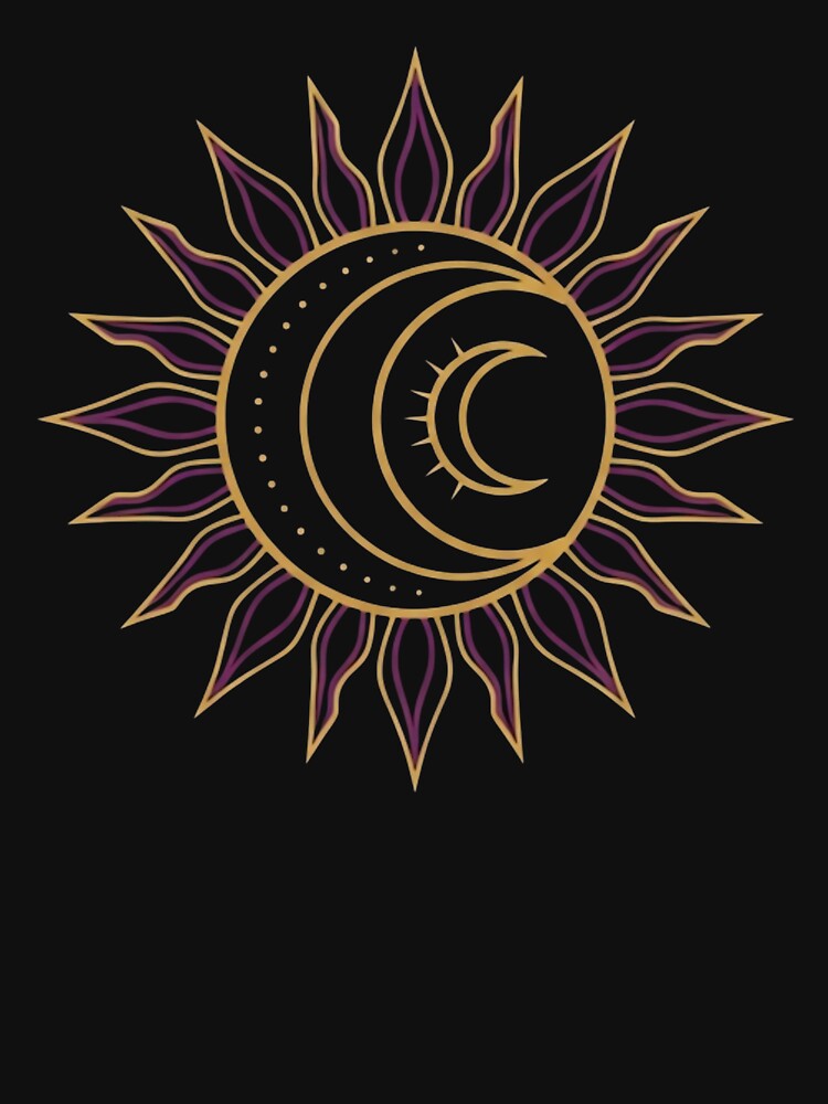 Golden Sun and Crescent Moon – Celestial Boho Line Art by Dzblack