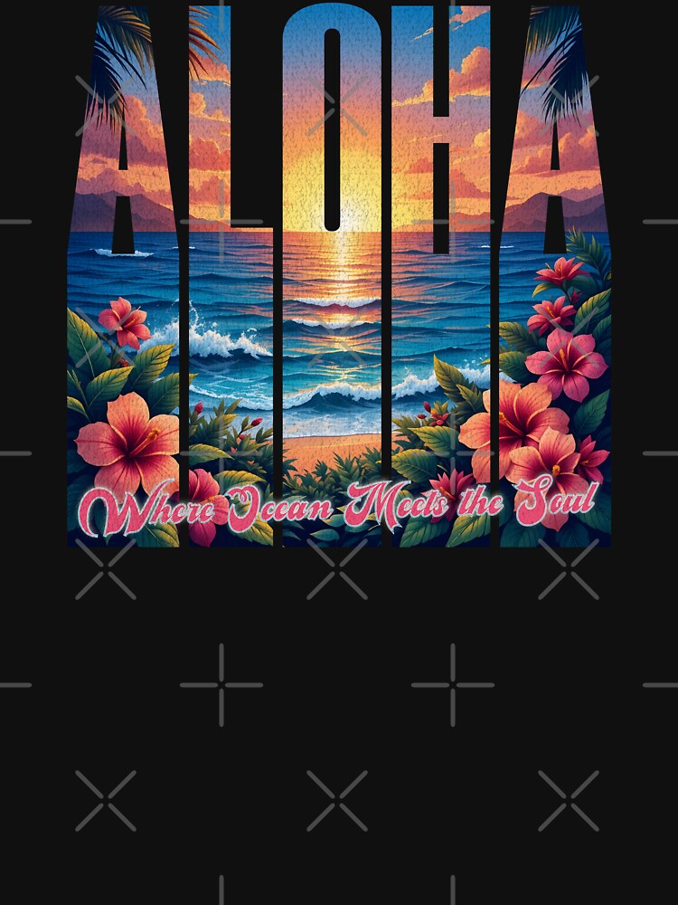 Aloha Design – Tropical Sunset T-Shirt with Ocean, Hibiscus & Island Energy by EpochFusion