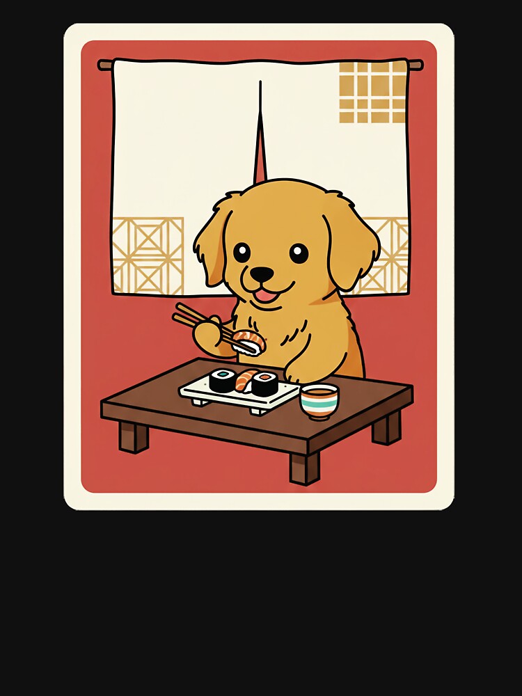 Cute Golden Puppy Enjoying Sushi in a Cozy Retro Room by JordynLadukeg65