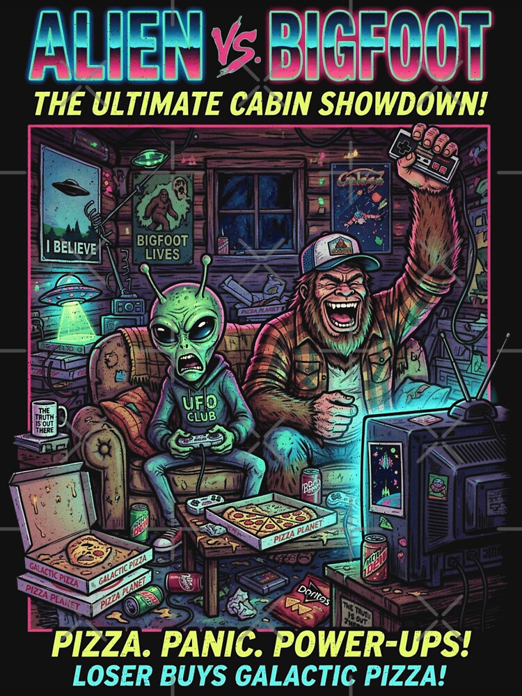 Funny Alien Vs Bigfoot The Ultimate Video Game Showdown - Pizza, Panic And Power-Ups! by legendaryskins