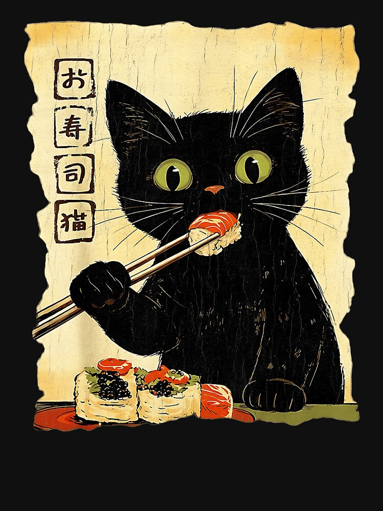 Vintage Black Cat Eating Sushi Japanese Retro Poster by titanlevi