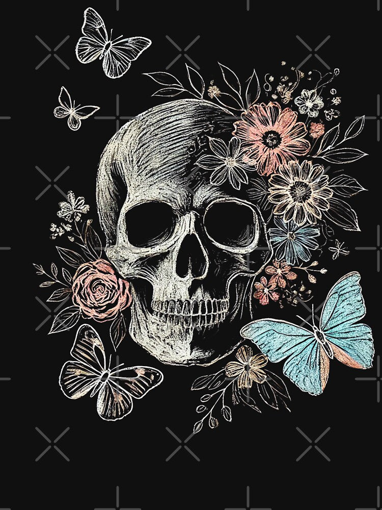 Boho Floral Skull with Butterflies – Gothic Aesthetic Skull and Flowers Cute Chalk Art Halloween Design by Printynest
