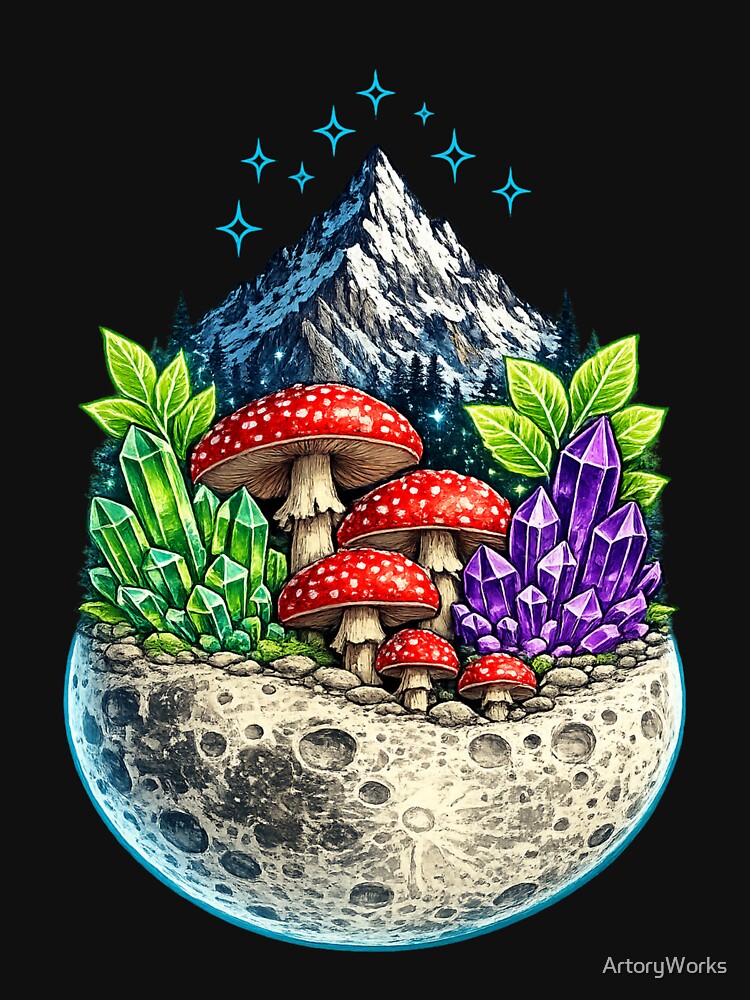 Mushroom Crystal Moon — Amanita Fantasy Crystals on Lunar Surface Mountain Night Art by ArtoryWorks