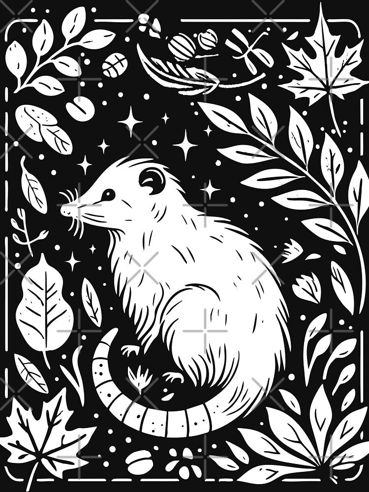Moonlit Opossum Folk Art – Black and White Woodland Linocut Illustration by Victor Shadehorn