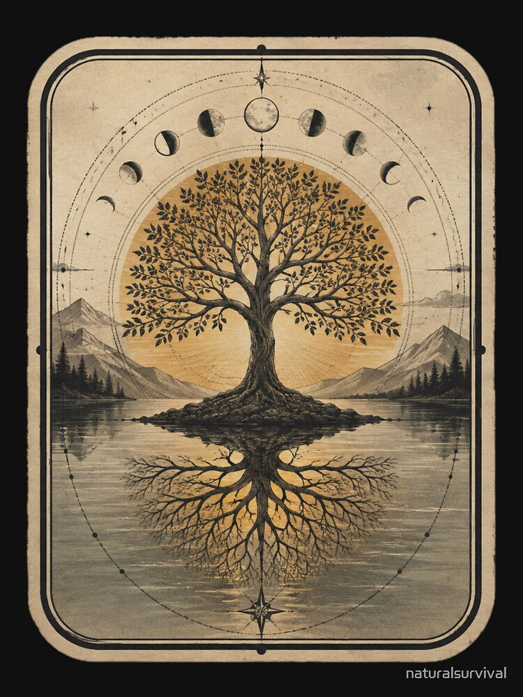 Mystical Tree of Life with Moon Phases and Golden Sun by naturalsurvival