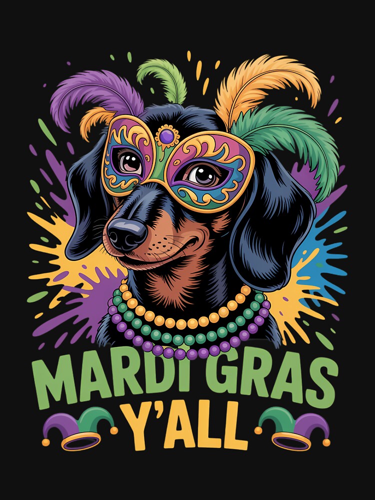 Dachshund Dog Mardi Gras Y'all With Beads Mask Colorful by Morphologiona