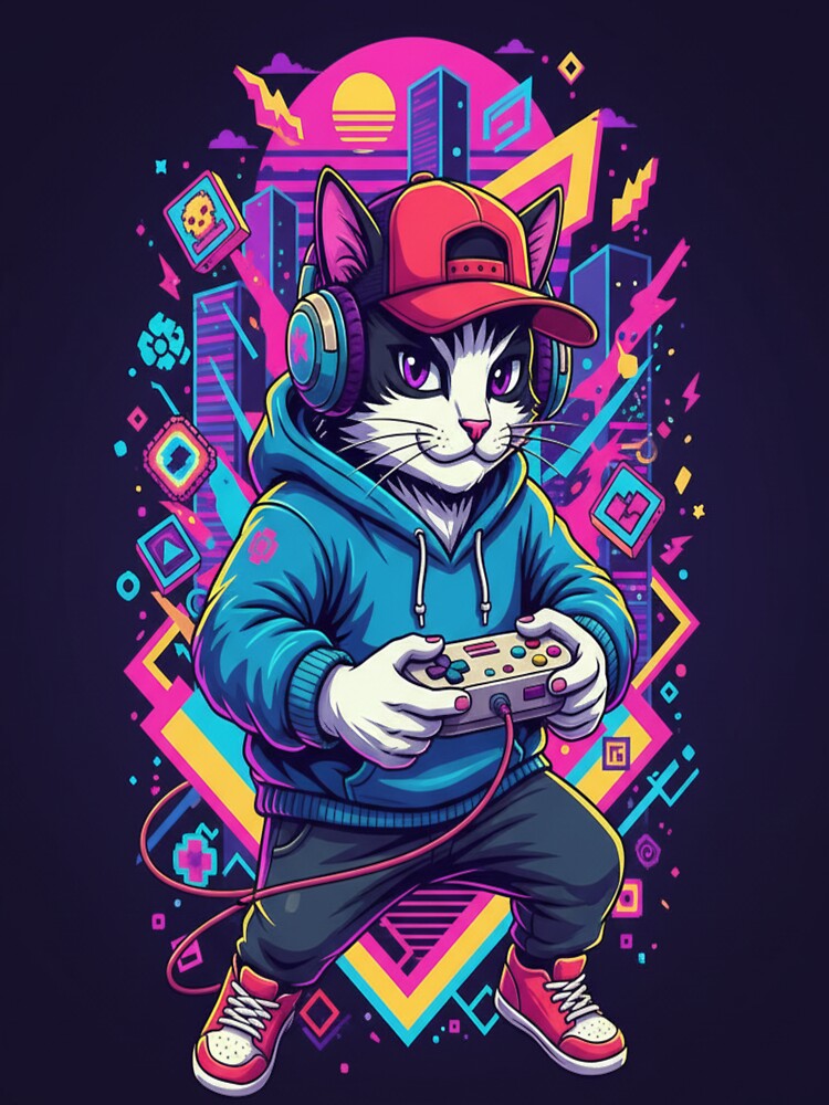 Gamer Cat T-Shirt Retro Console Anime Cat Design by Neko-Doodle-co