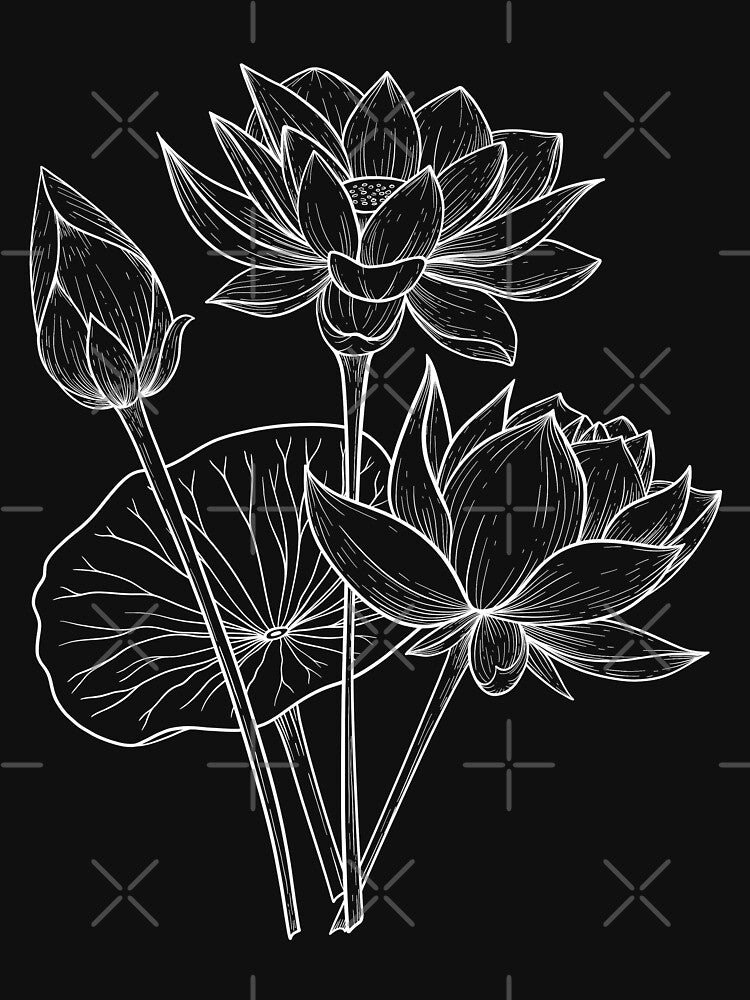 Lotus Blossom Line Art Black Background White Lines by GraphicsbyNel