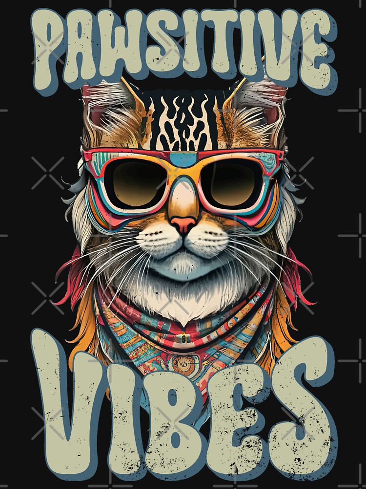 Pawsitive Vibes, Retro Groovy Style Hippie Cat Lover Design by PugSwagClothing