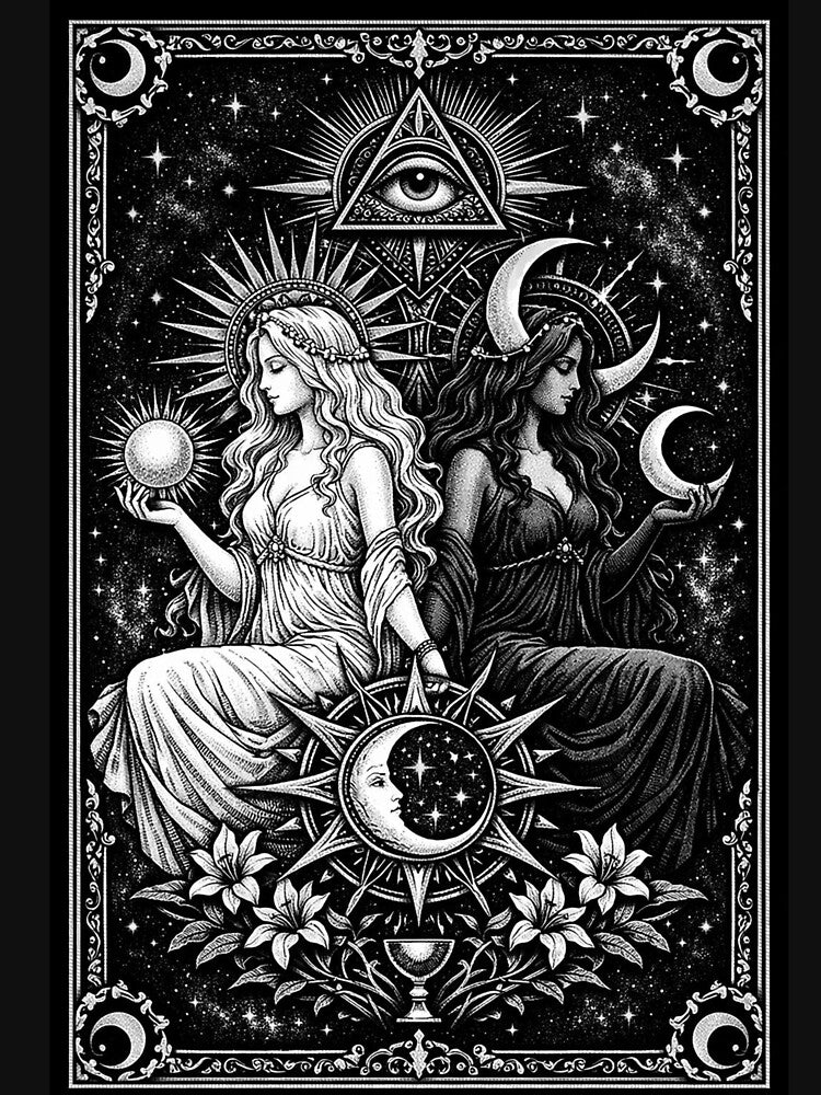 Divine Sun & Moon Twin Goddesses – Gothic Tarot Celestial Shirt by wanado