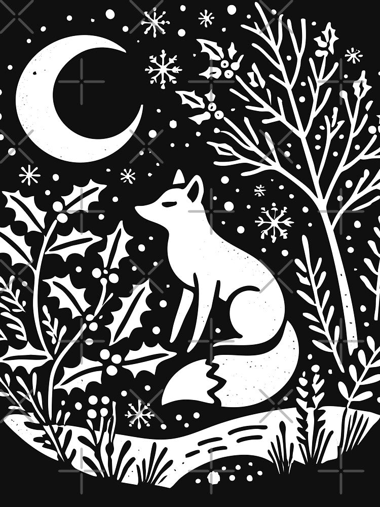 Moonlit Winter Fox – Nordic Folk Art Linocut by Victor Shadehorn
