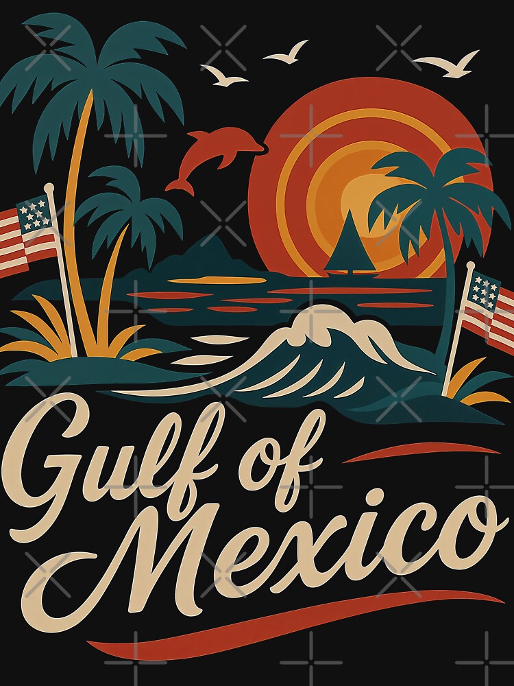 Gulf of Mexico – Retro Sunset Beach Design with Palm Trees & Dolphin by Victor Shadehorn
