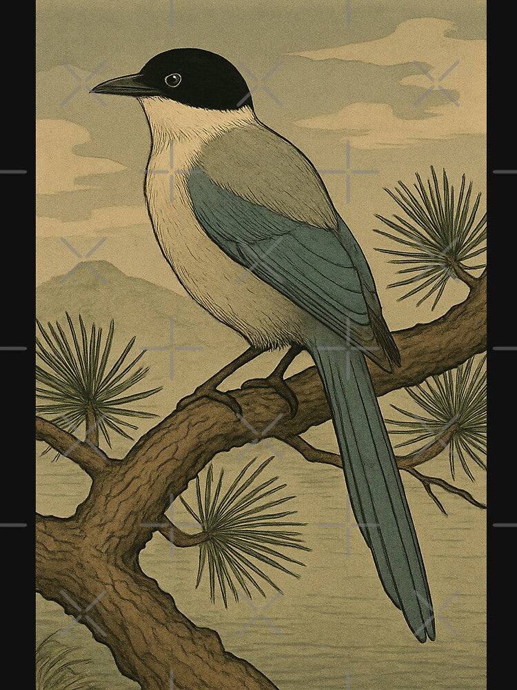 Azure-Winged Magpie on Pine Branch – Japanese Woodblock Style by TidalEchoes