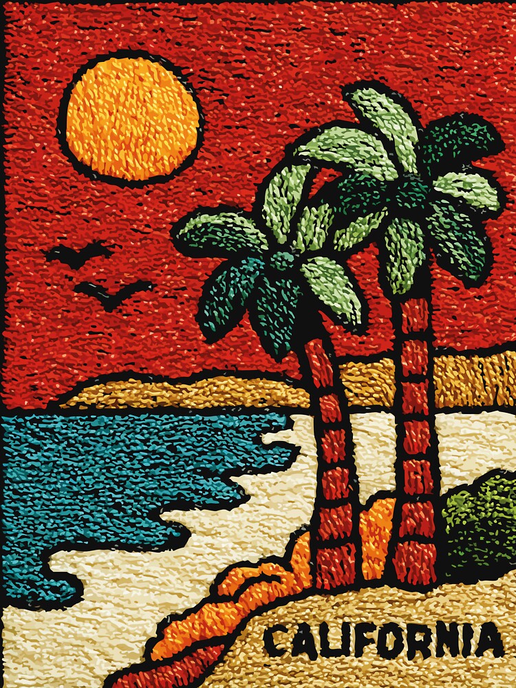 California Palm Tree Sunset Poster in a Retro Embroidered Style by TuncGK