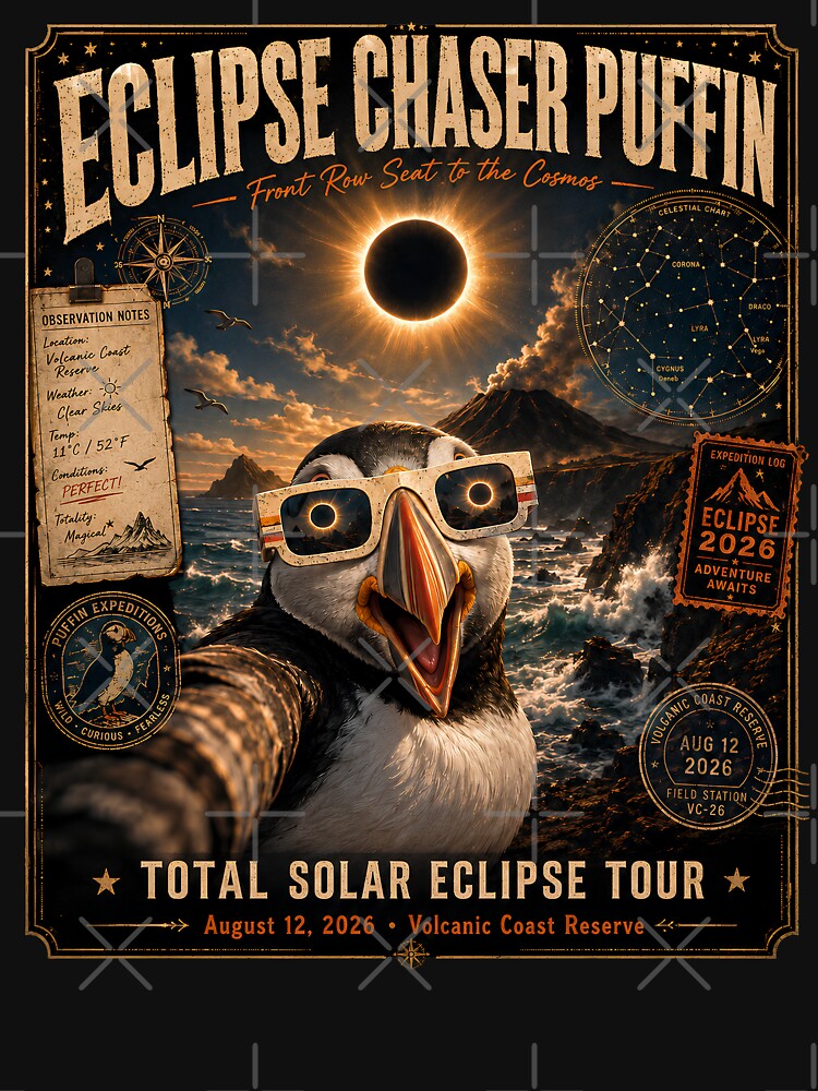 Total Solar Eclipse Iceland Puffin Selfie August 12 2026 by THREE LITTLE BEANS