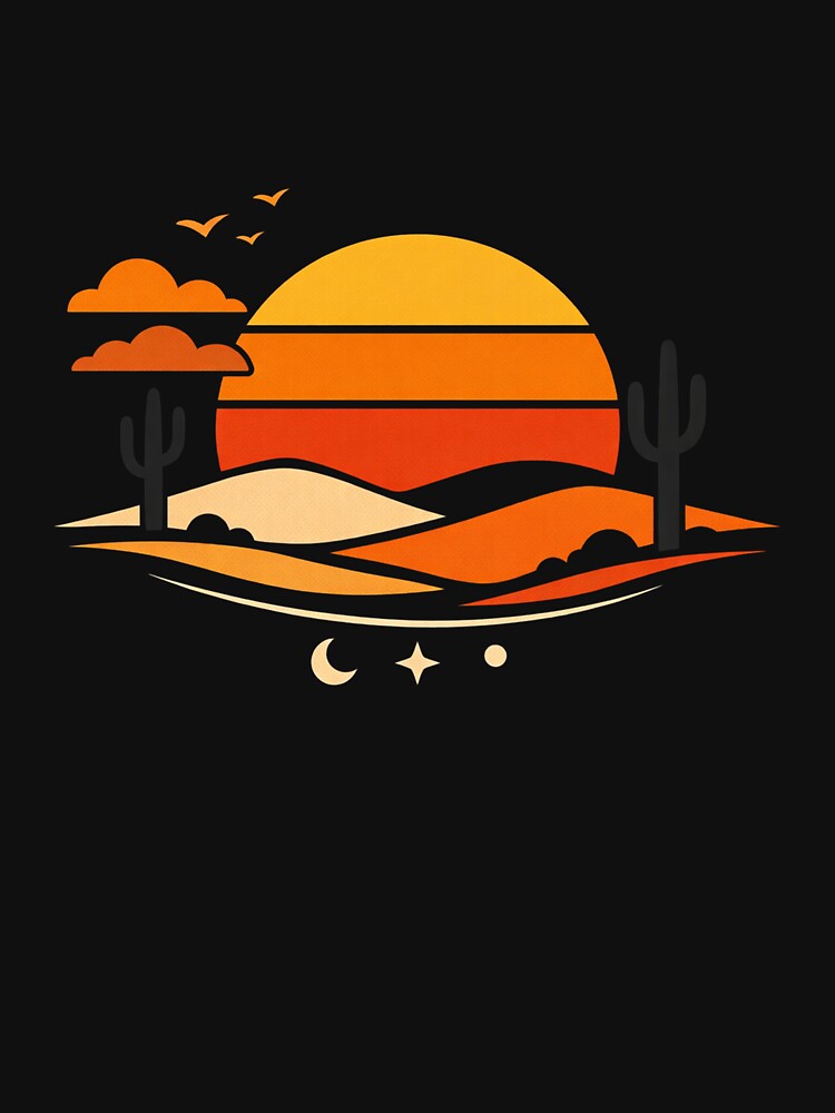 Retro Desert Sunset with Saguaro Cactus and Celestial Night Symbols by Owcomm