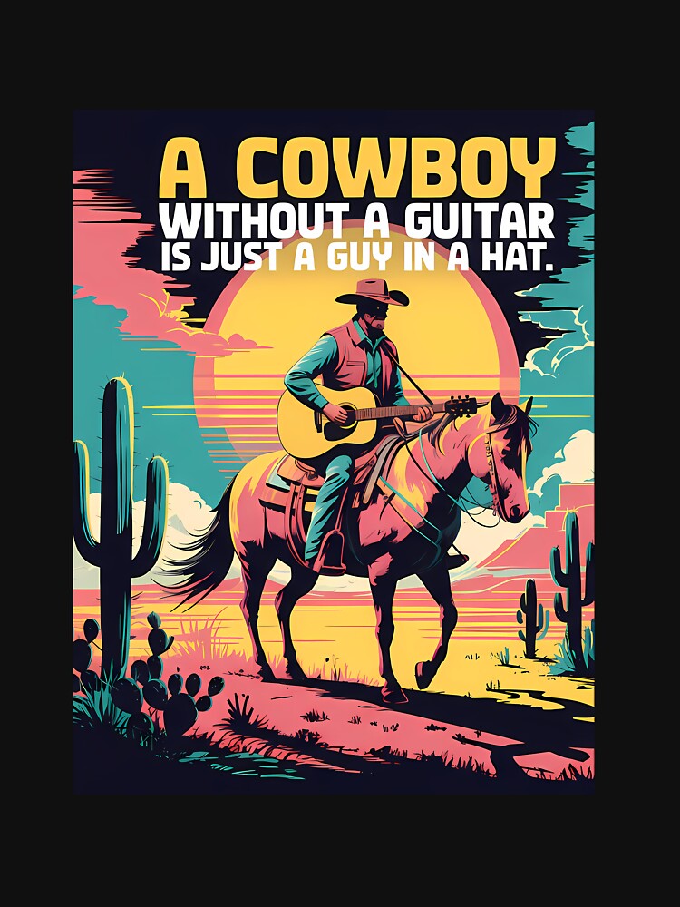 A Cowboy with a Guitar on Horseback - National Guitar Day by Art-Arcade6