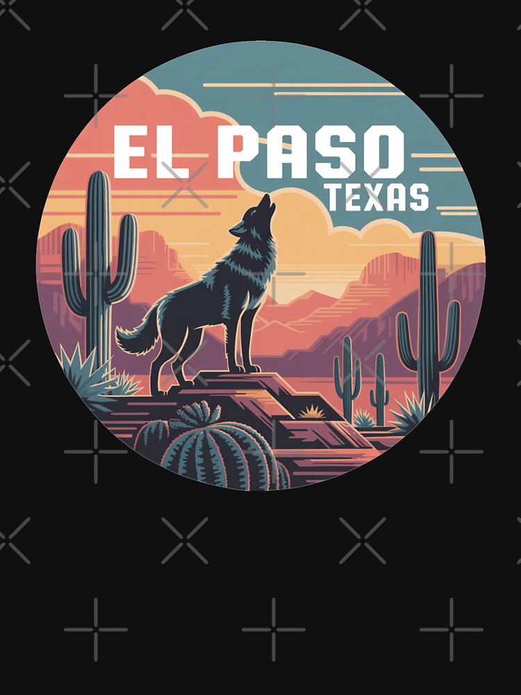 El Paso Texas Pixel Art – Howling Wolf on Desert Mountain, Retro Sunset Landscape Design by CircinusStore