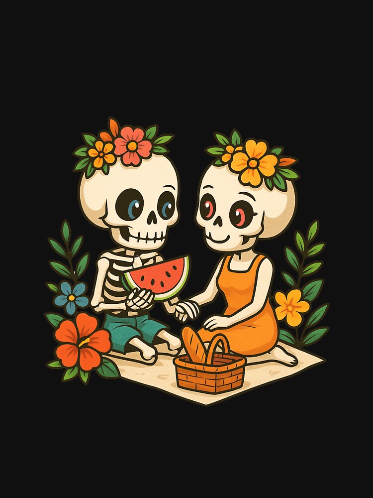 Romantic Skeleton Picnic with Summer Flowers – Cute Skull Couple Art for Summer Vibes by ColorSplash123