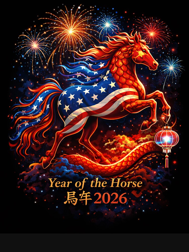 Patriotic Year of the Horse 2026 – USA Flag Fire Horse Chinese New Year Art by JaaCreativeShop
