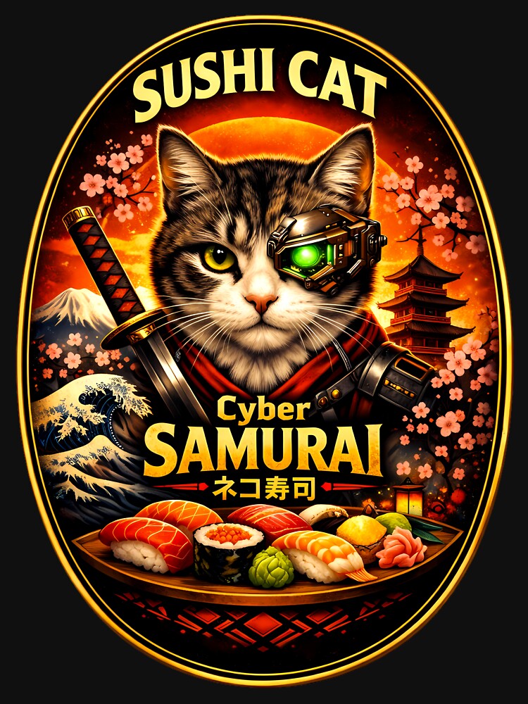 Cyber Samurai Sushi Cat Japanese Cat Warrior Design by Dragon-Samurai