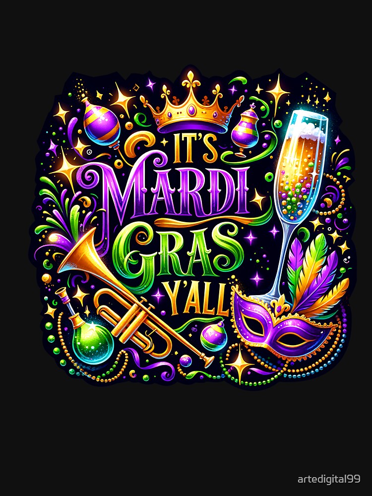 Mardi Gras Mask & Beads – Colorful Fat Tuesday Celebration Artwork by artedigital99