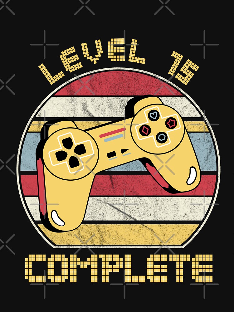 Level 15 complete, video gamers ,15th anniversary, 15th birthday, funny gaming pun,celebration, vintage,70's palette, retro controller, by allycat57