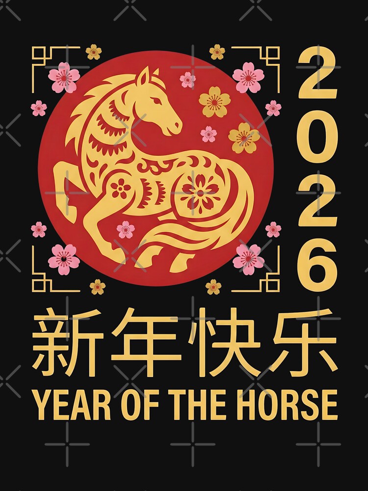2026 Year of the Horse, Chinese New Year Zodiac Celebration Gift, Red Gold Lunar Festival Asian Graphic Tee by saloui