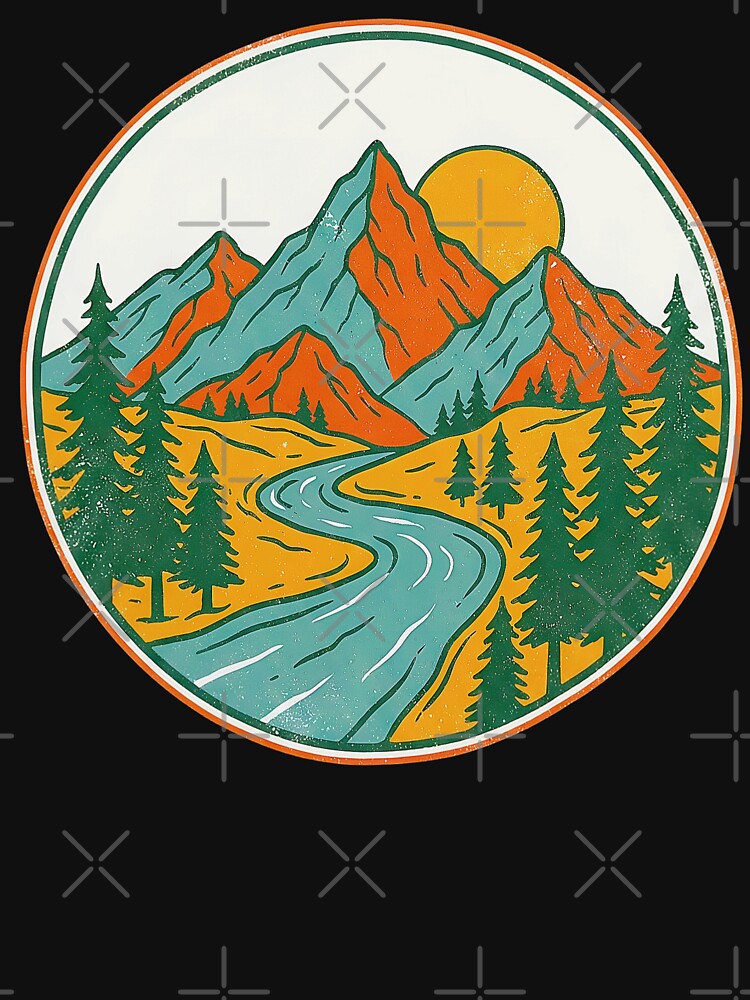 Sunset River Winding Through Retro Mountain Landscape by brexastore